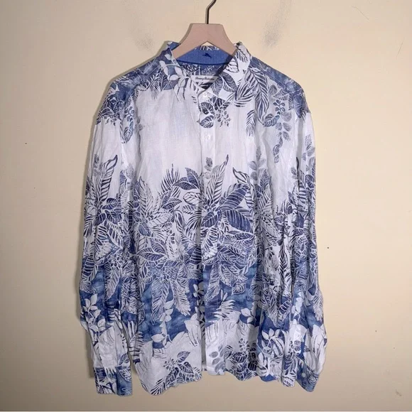 TOMMY BAHAMA 100% linen Navy and Cream Leaf Print Shirt XLT - Picture 1 of 5